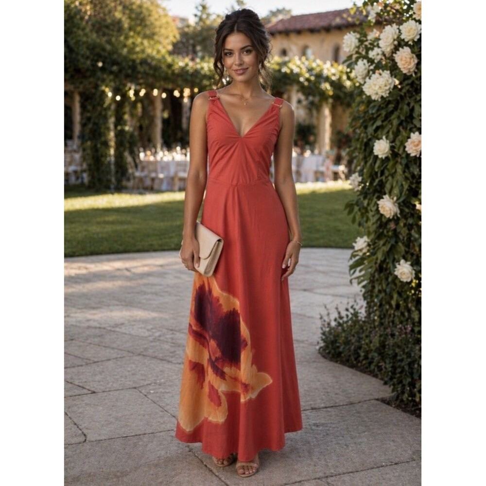 Abercrombie & Fitch XS Orange Floral Maxi Dress Boho Vacation Flowy Wedding